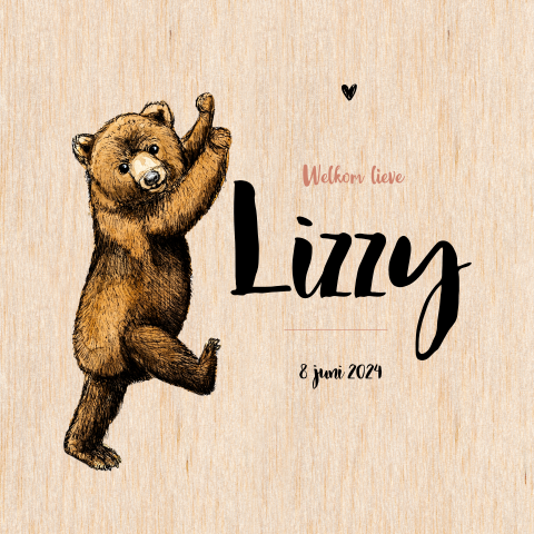 Enkel geboortekaartje Baby beer hout Meisje