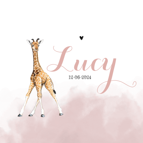 Vierkant geboortekaartje Baby Giraf ronde hoeken Meisje