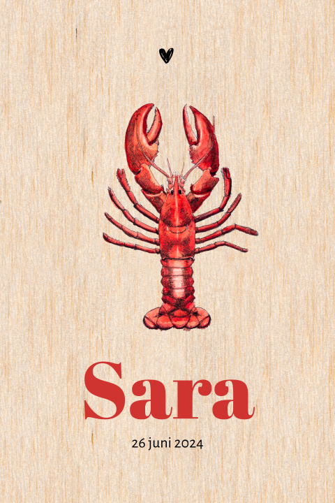 Staand geboortekaartje kreeft hout Meisje