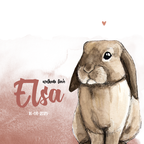 Vierkant geboortekaartje Konijn Watercolor voor een Meisje