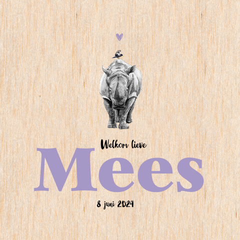 Enkel geboortekaartje Neushoorn hout Jongen - lila