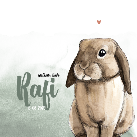 Vierkant geboortekaartje Konijn Watercolor voor een Jongen