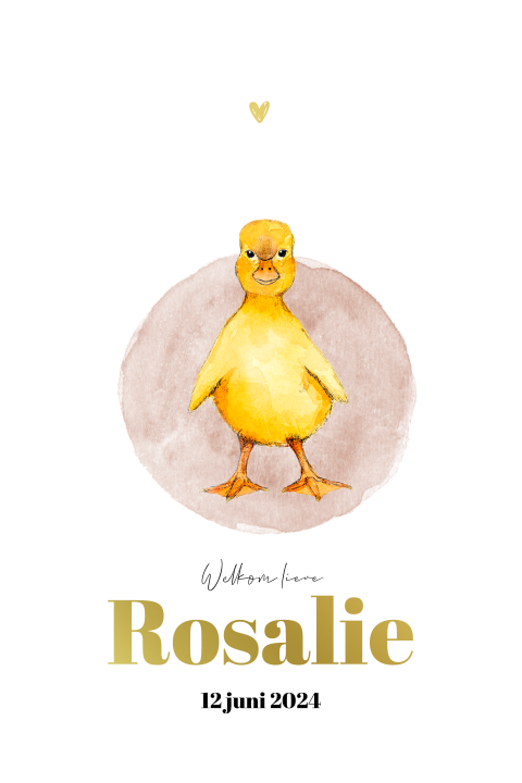 Staande enkel geboortekaartje baby eend Goudfolie Meisje