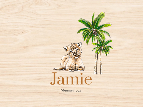 Houten Memory box met baby leeuw en palmen