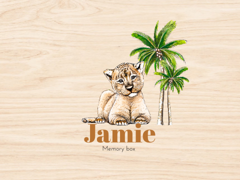 Houten Memory box met baby leeuw en palmen