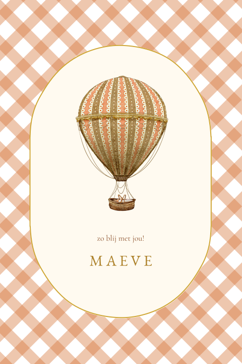 Geboortekaartje oranje ruitjes luchtballon meisje