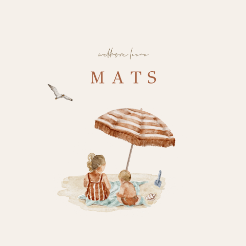 Zomer geboortekaartje broertje aquarel zus met baby op strand
