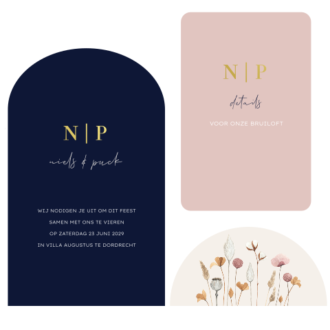 Trouwkaart droogbloemen donkerblauw labels met goudfolie