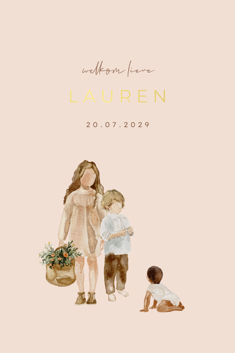 Roze geboortekaartje voor 3e kindje met illustraties van kindjes