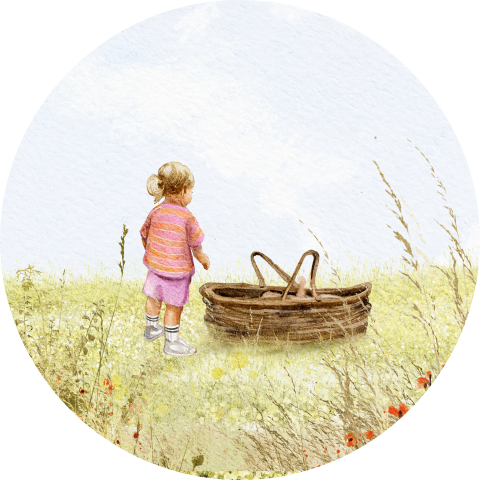 sluitsticker lente geboortekaartje met zusje en mandje