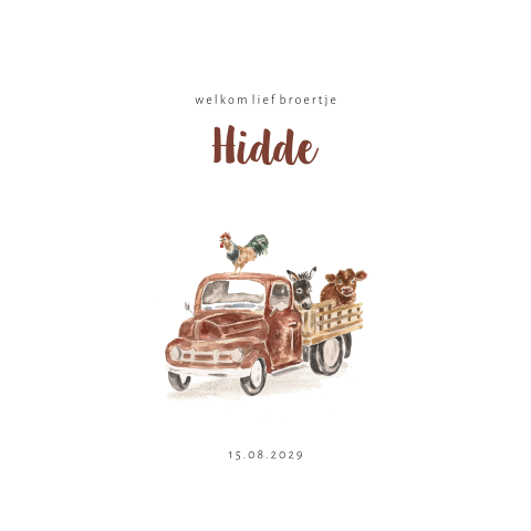 Boerderij geboortekaartje met een truck vol dieren