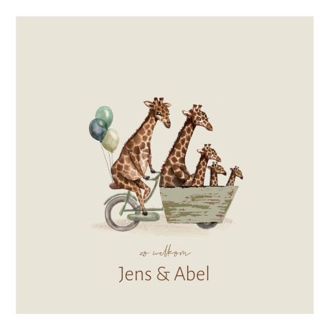 Geboortekaartje voor een tweeling met drie giraffen in bakfiets