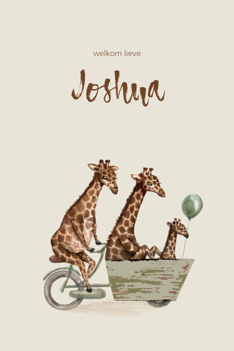 Jungle geboortekaart met giraffen in een bakfiets voor eerste kindje