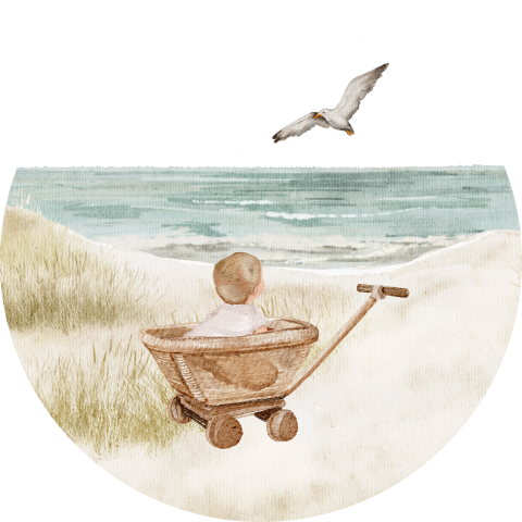 Sluitsticker geboorte met meisje in bolderkar op strand