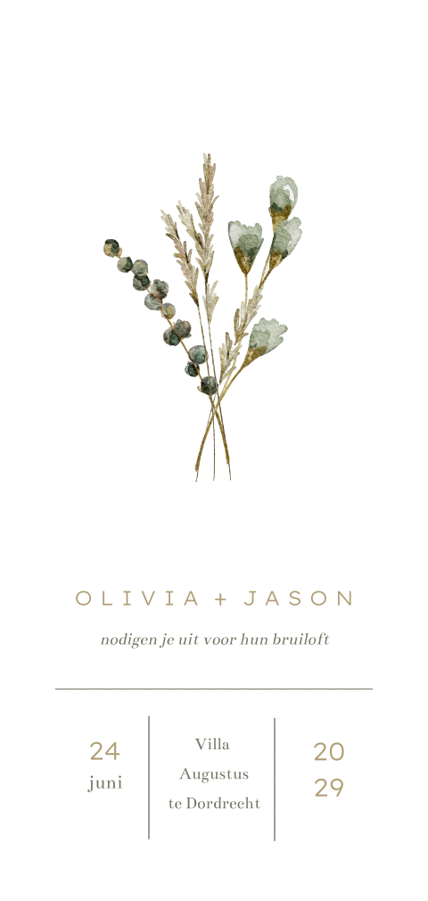 Trouwkaart met waterverf bloemen en takjes in groene kleur