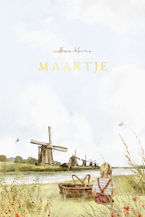 Hollands geboortekaartje zus bij mandje molens polder getekend