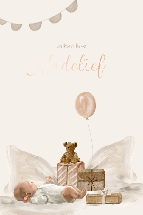 Uniek geboortekaartje meisje ballon cadeautjes beer