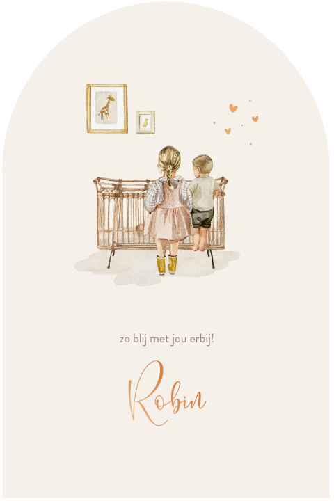 Neutraal geboortekaartje derde kind aquarel ledikantje boog