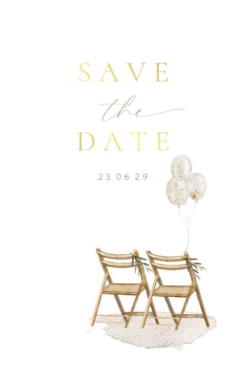 Save the date uitnodiging bruiloft illustratie klapstoelen ballonnen