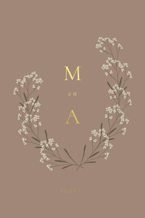 Trouwkaart initialen gipskruid takjes krans