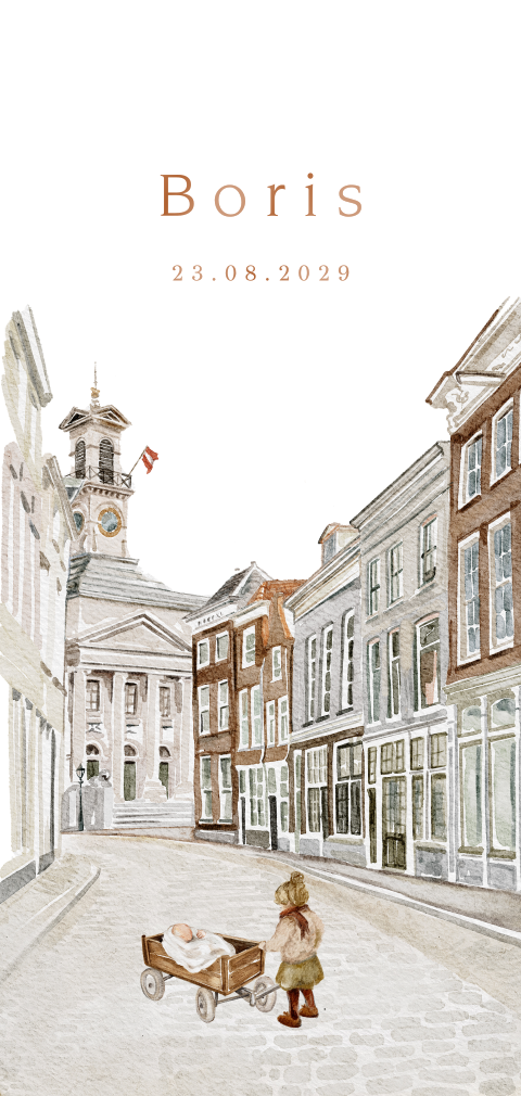 Uniek getekend geboortekaartje Dordrecht met aquarel getekend gezin