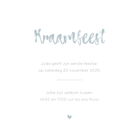 Uitnodiging voor kraamfeest met blauwe letters en hartje