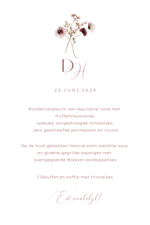 Bloemen menukaart illustratie van boeket met roze paarse bloemen
