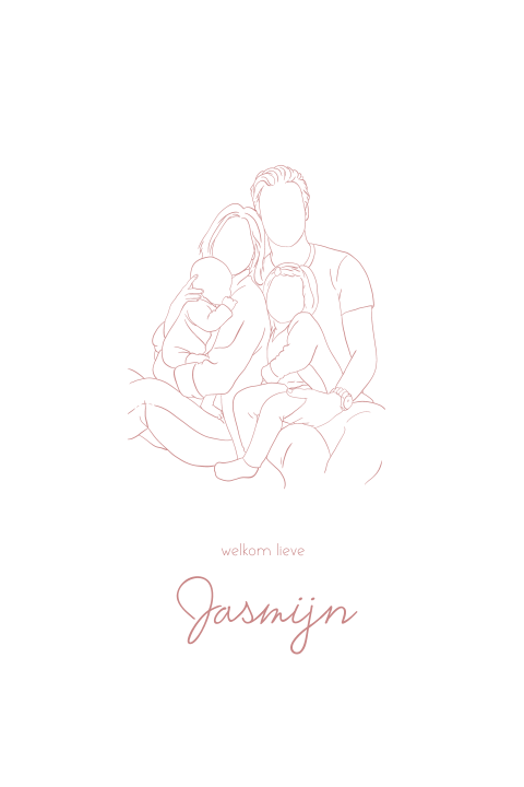 Geboortekaartje lijntekening gezin getekend tweede kind