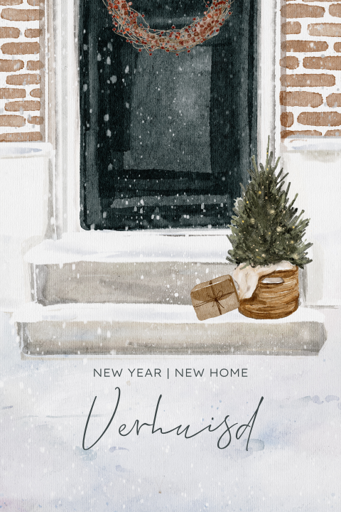 Kerst verhuiskaart met voordeur met krans en kerstboom