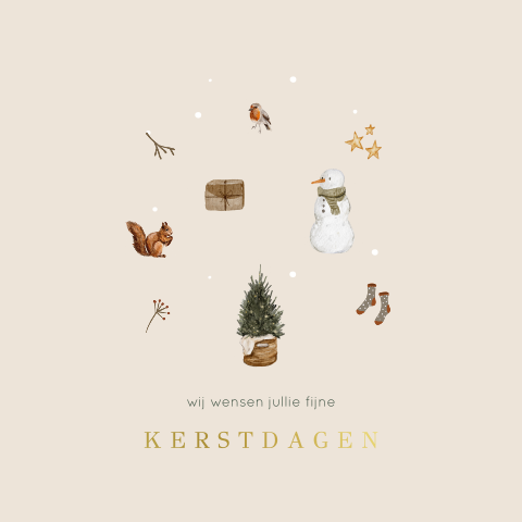 Vierkante kerstkaart illustraties winter goudfolie