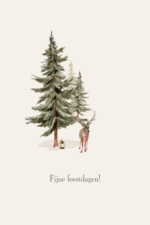 Getekende kerstkaart met dennenbomen en hert