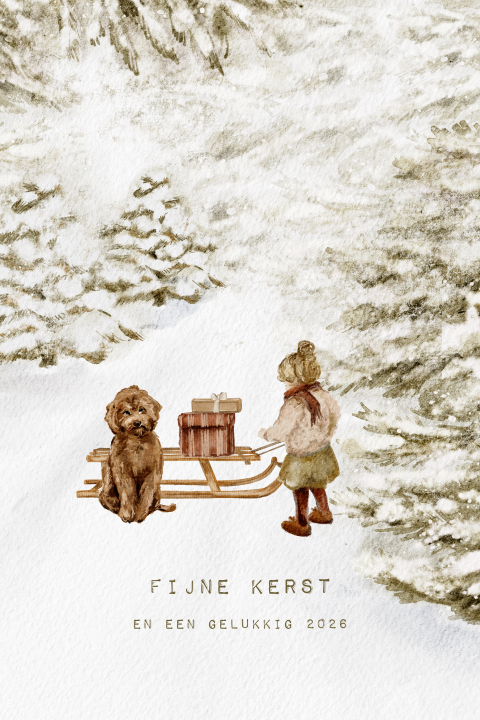 Getekende kerstkaart met labradoodle op slee met klein meisje