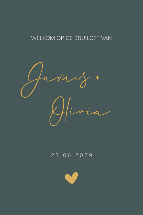 Donkergroen welkomstbord trouwen minimalistisch