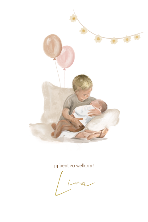 Geschilderd geboortekaartje zusje ballonnen grote broer