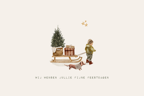 Getekende kerstkaart met slee kerstboom en jongetje met teckel