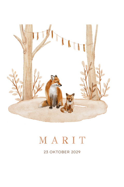 Geboortekaartje vosjes in herfst bos met slingers en struiken