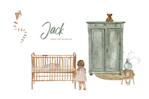 Geboortekaartje broertje tweede kindje met kinderkamer illustraties