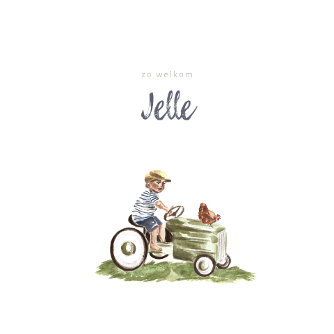 Lief getekend geboortekaartje met een jongen op een tractor