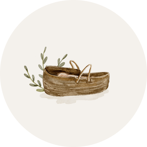 Sluitsticker voor een geboortekaartje met een baby in een mandje