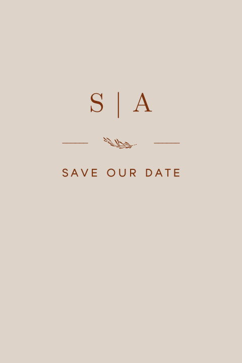 Save the date kaart met initialen en takje in roestbruin