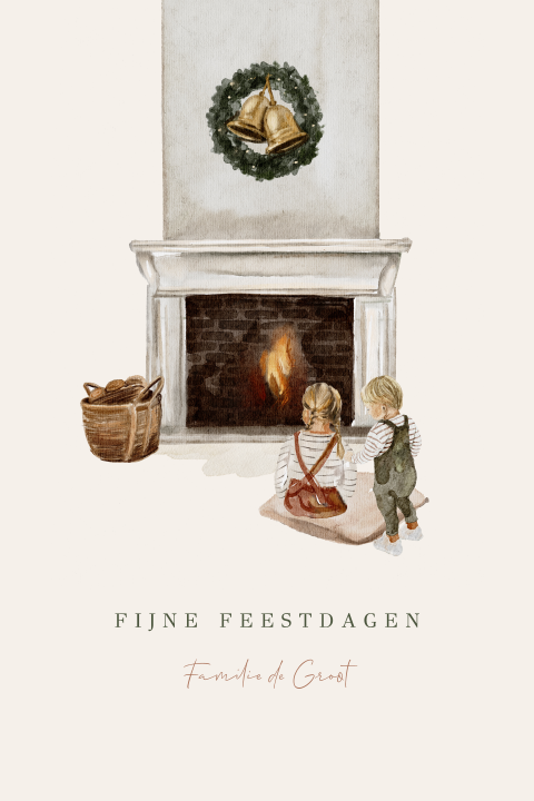 Getekende kerstkaart met open haard kerstkrans en kindjes