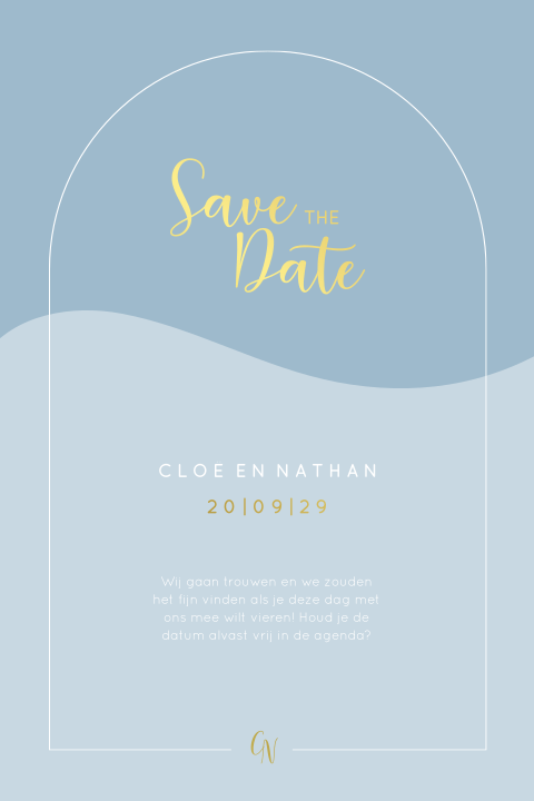 Blauwe save the date kaart met goudfolie