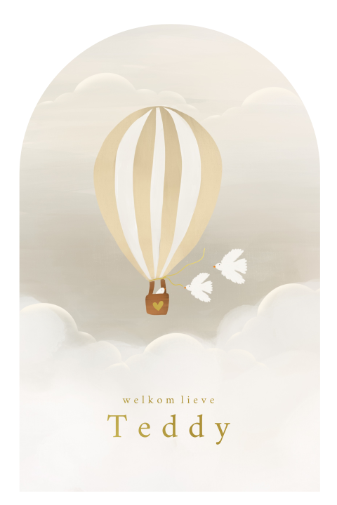 Geboortekaartje luchtballon duifjes goudfolie