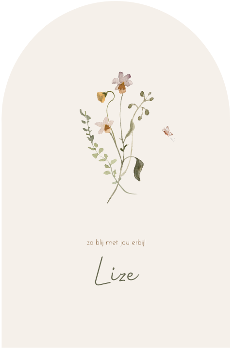 Bloemen geboortekaartje lente roze en geel meisje in boogvorm