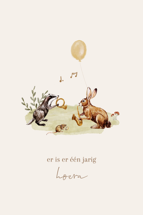 Verjaardagskaart bosdieren instrumenten feest