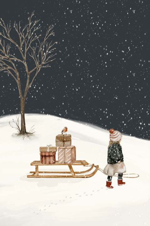 Getekende kerstkaart winter landschap sneeuw slee cadeautjes meisje