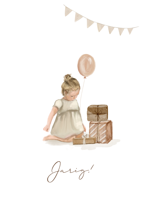 Uitnodiging meisje ballon vlaggen olieverf getekend