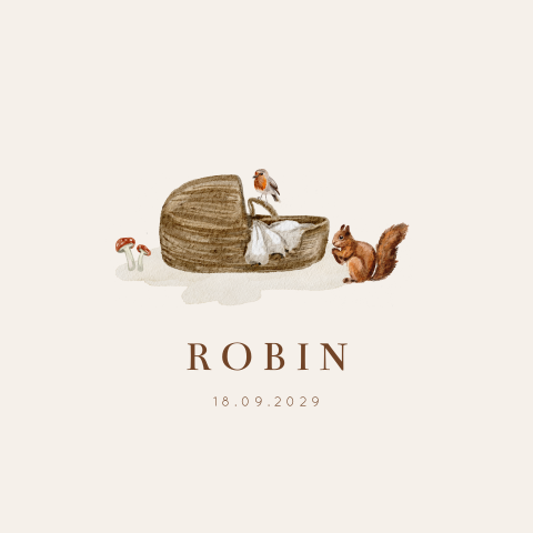 Getekend geboortekaartje voor een herfst met baby mandje bosdieren