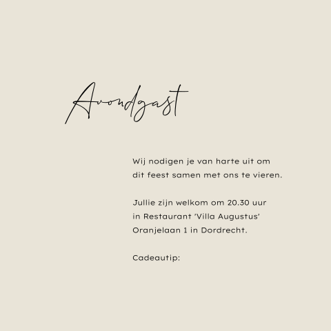 Vierkant kaartje voor avondgasten in mooie typografie