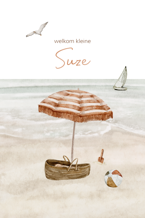 Koperfolie geboortekaartje meisje met baby op strand met parasol